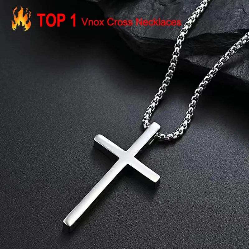 Vnox Cross Necklace for Men Women, Silver Color Plain Cross Pendant Collar with Stainless Steel Box Chain - Madeinsea©