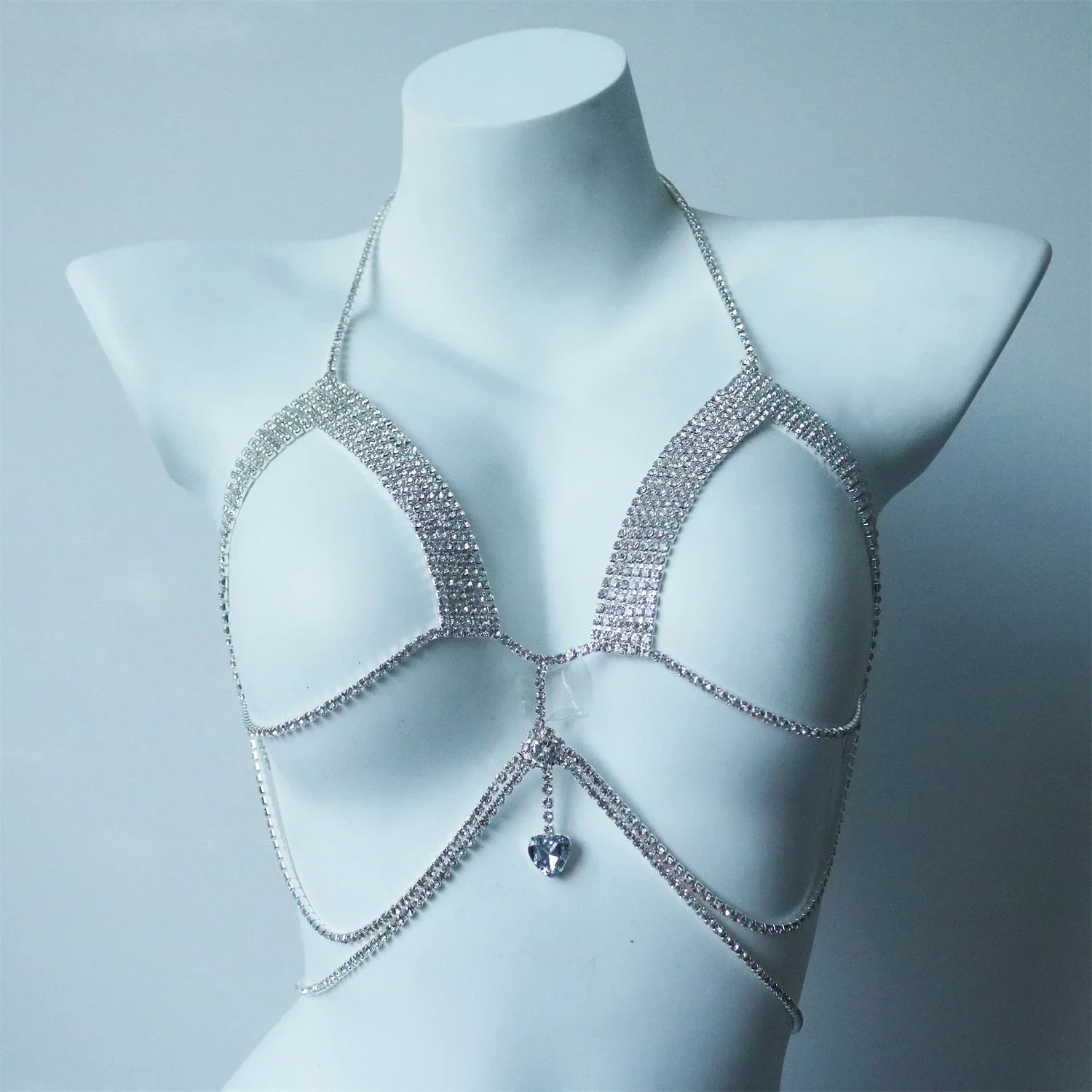 Sexy Shining Love Crystal Chest Chain Pendant Jewelry Nightclub Party Bikini Rhinestone Chest Chain Underwear Dressing