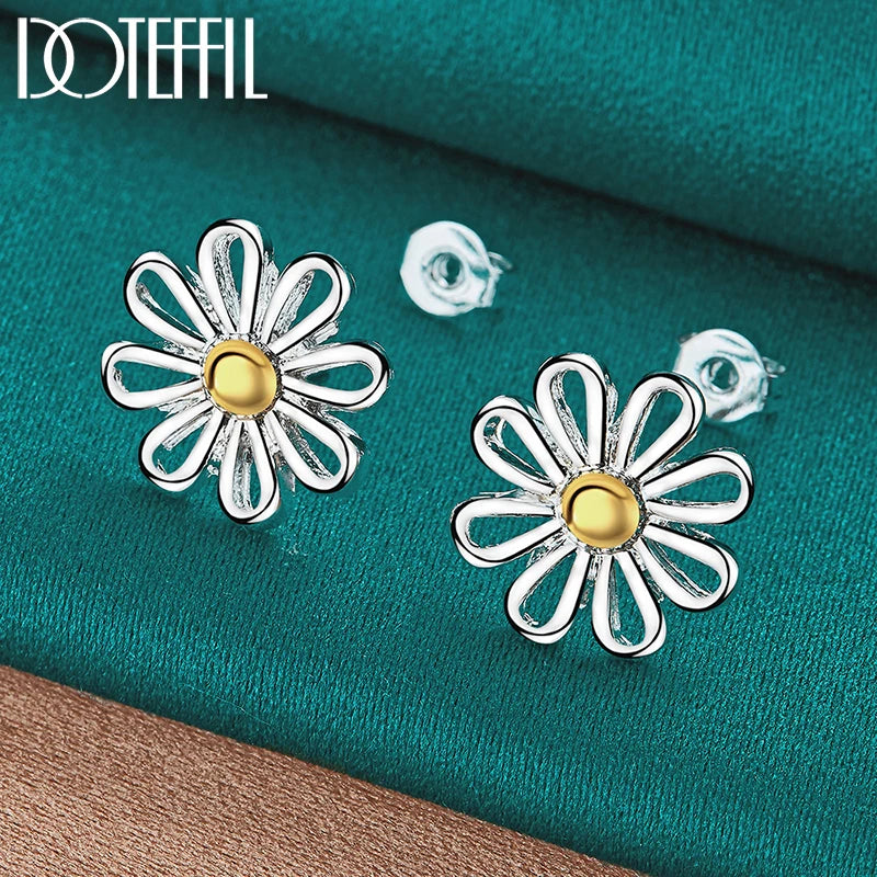 DOTEFFIL 925 Sterling Silver Golden flower Stud Earrings For Women Lady Gift Fashion Charm High Quality Wedding Jewelry