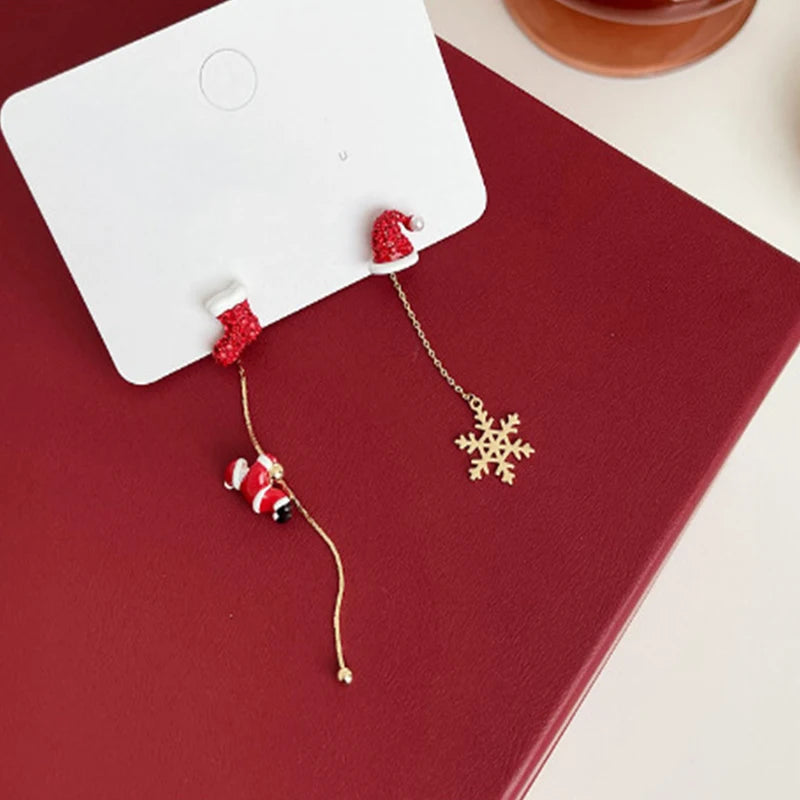 New Fashion Moving Santa Claus Tassel Earrings For Women Snowflake Christmas Tree Long Chain Asymmetric Earring New Year Jewelry