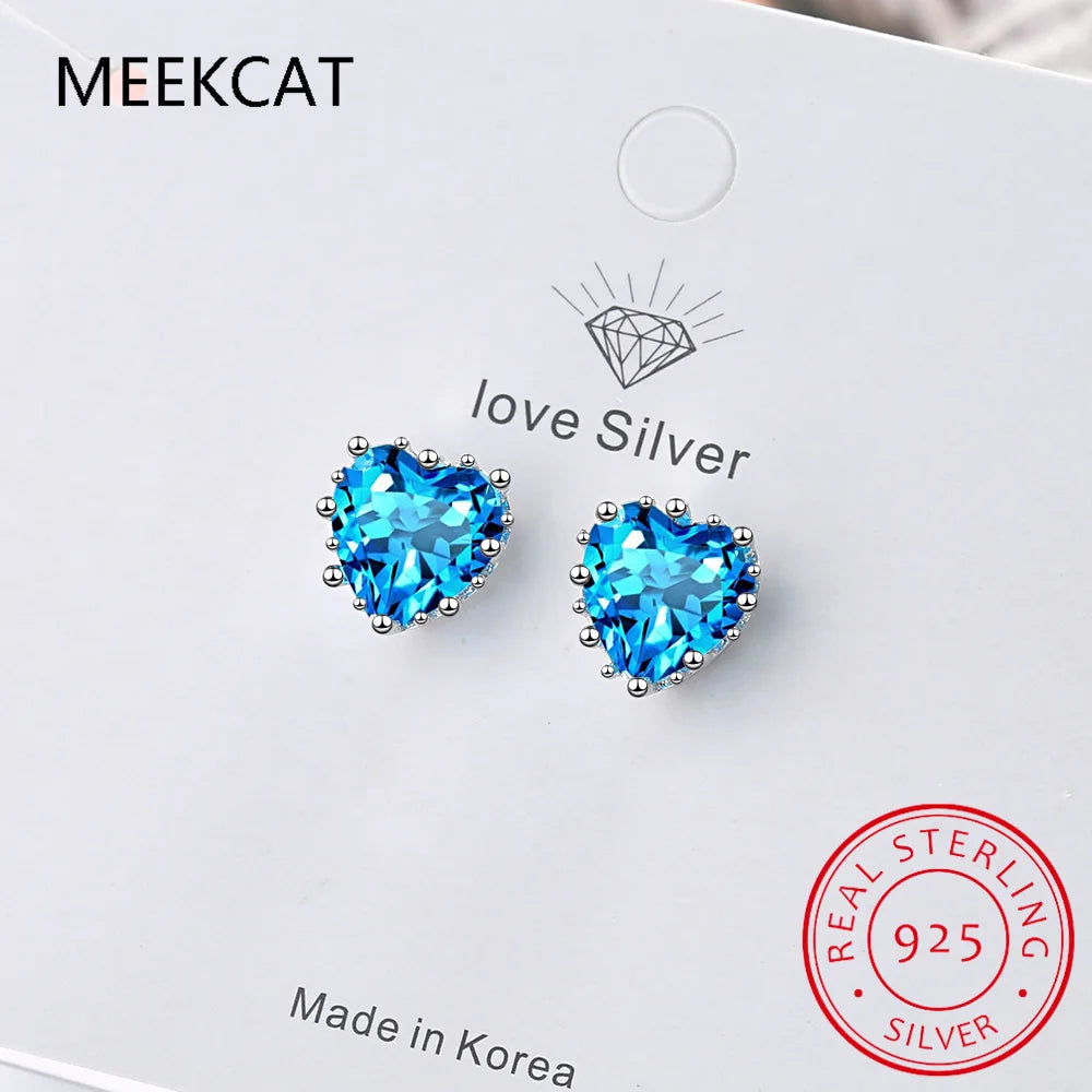 1.8ct Genuine Blue Topaz 925 Sterling Silver Heart Stud Earrings for Women Gemstone Fine Jewelry Wedding Gift