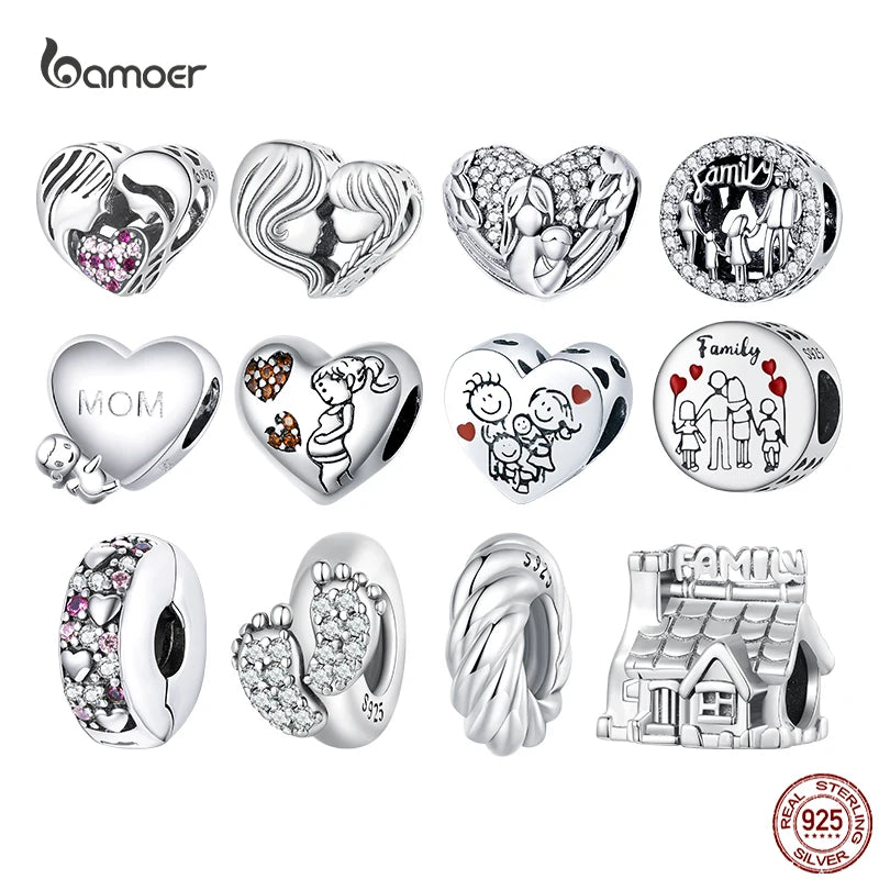 Bamoer Real 925 Sterling Silver Heart Beads Charm Mother & Daughter Pendant for Mom Fit Bracelet Necklace Mother's Day Jewelry