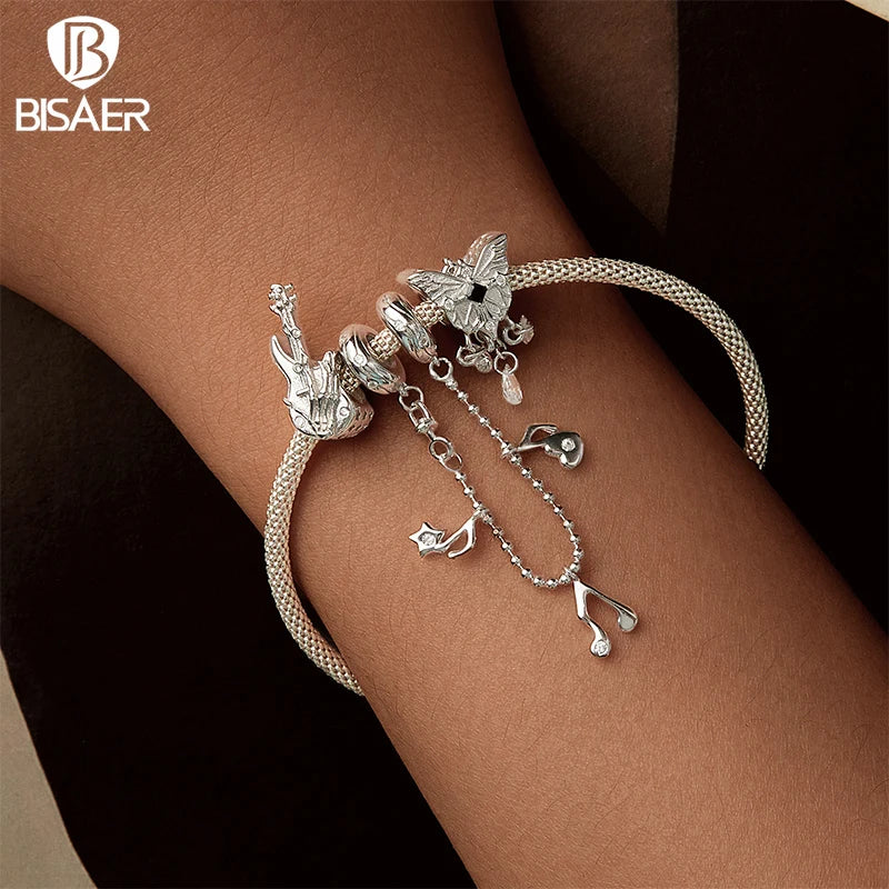 BISAER 925 Sterling Silber Kreuz Schmetterling Anhänger Totenkopf Hand Bass Rockmusik Charms Perlen Fit Frau DIY Armband Edlen Schmuck