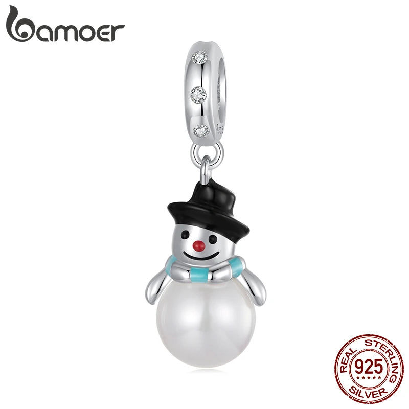 BAMOER Solid 925 Sterling Silver Pearl Snowman Pendant Bead fit Original Bracelet & Necklaces Jewelry DIY bamoer Charm BSC1071