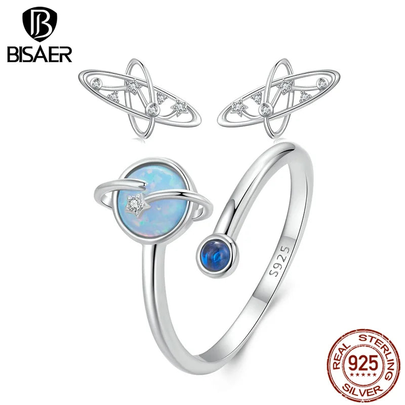 BISAER Boucles d'oreilles à tige en argent sterling 100 % 925 avec anneau ouvert en forme de planète et voie lactée plaqué or blanc pour femme, bijoux fins de fête ECR1087