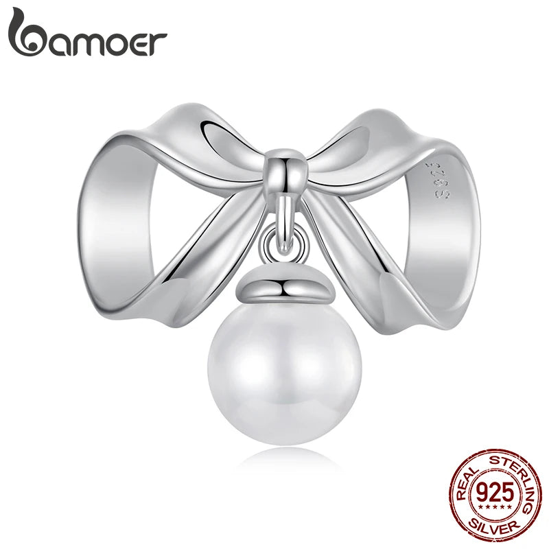 BAMOER Solid 925 Sterling Silver Pearl Bowknot Charm Bead fit Original Bracelet & Necklaces Jewelry DIY bamoer Charm BSC1088