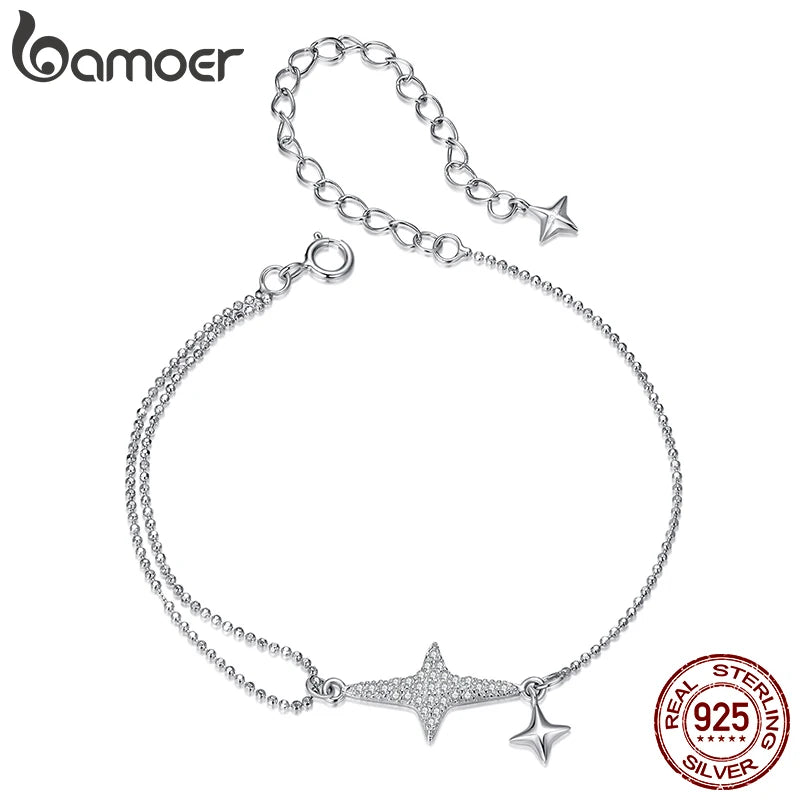 BAMOER 925 Sterling Silver Dainty Starlight White Gold Plated Stackable Bracelet for Women, Adjustable Link Chain CZ Bracelets