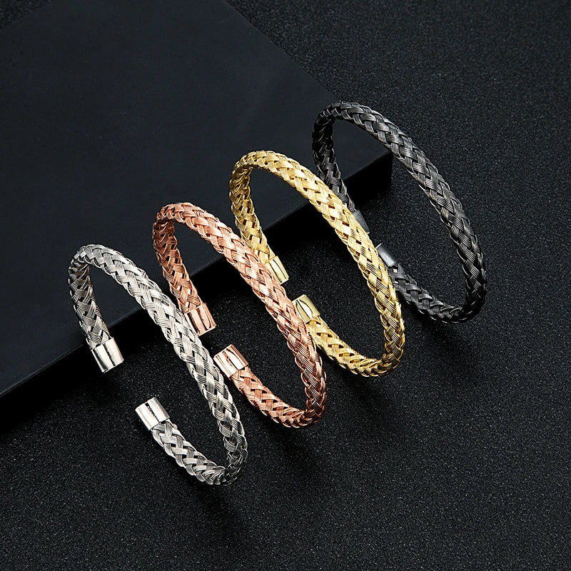 MKENDN Luxury Stainless Steel Cuff Bracelet for Men Steel Braided Non-Fading Open Bangle For Women Fashion Hip Hop Jewelry