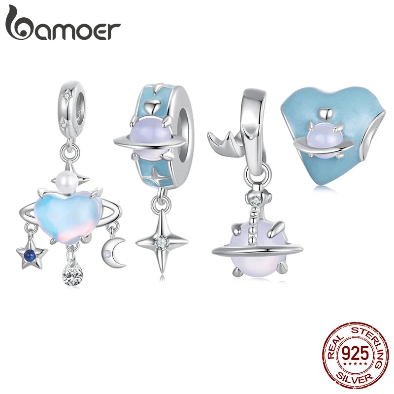 BAMOER Charm-Perle aus massivem 925er Sterlingsilber mit blauem Planetenmotiv, passend für Original-Armbänder und DIY-Schmuckzubehör, BAMOER Beads SCC3024