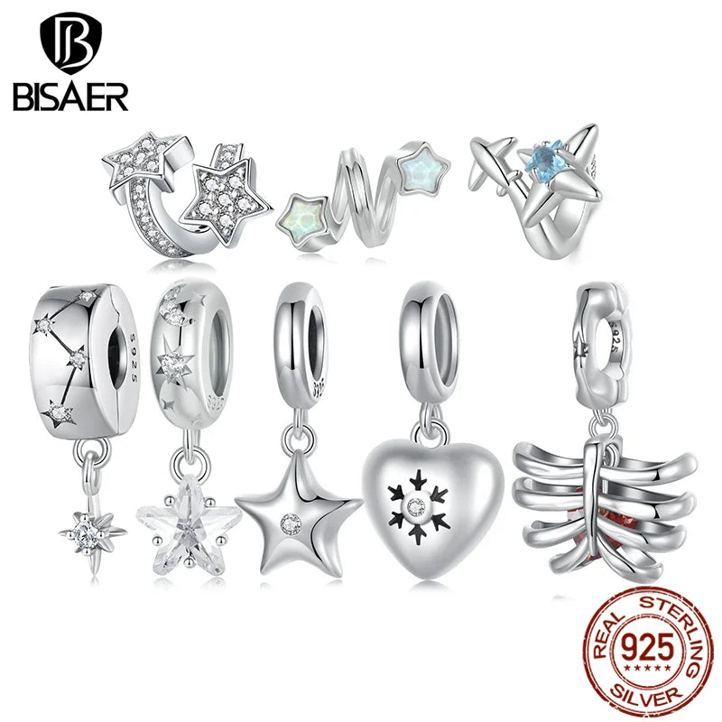 BISAER 100% 925 Argent Sterling Étoile Charm Vajra Coeur Flocon De Neige Pendentif Perle Côtelée Foncée pour Femmes Bracelet DIY Bijoux ECC2976