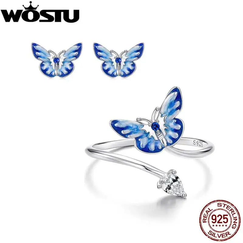 WOSTU 925 Sterling Silver Blue Butterfly Stud Earrings Open Ring For Women Wedding Engagement Fine Jewelry Set Girl Party Gift
