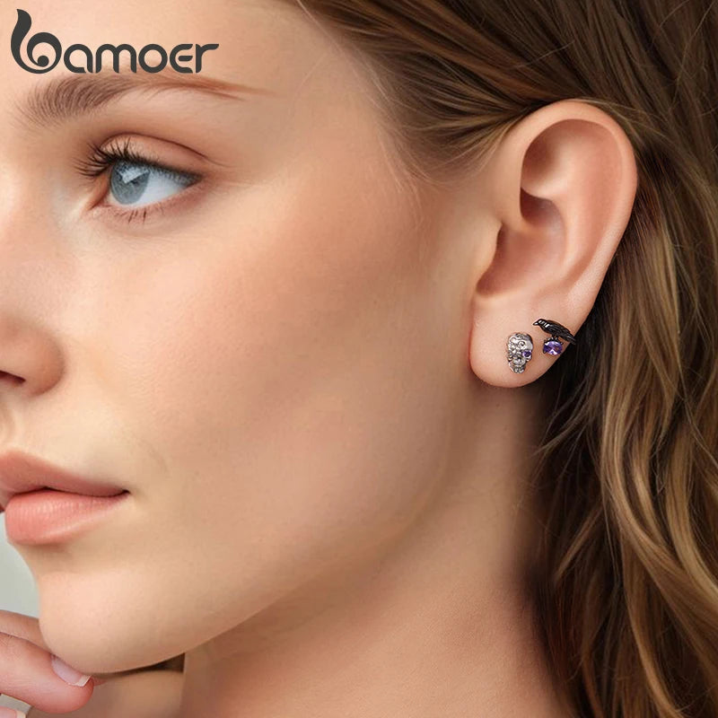BAMOER 925 Sterling Silver Black Enamel Ghost Stud Earrings for Halloween Gift, Punk Style Purple Zircons Crow Piercing Earrings