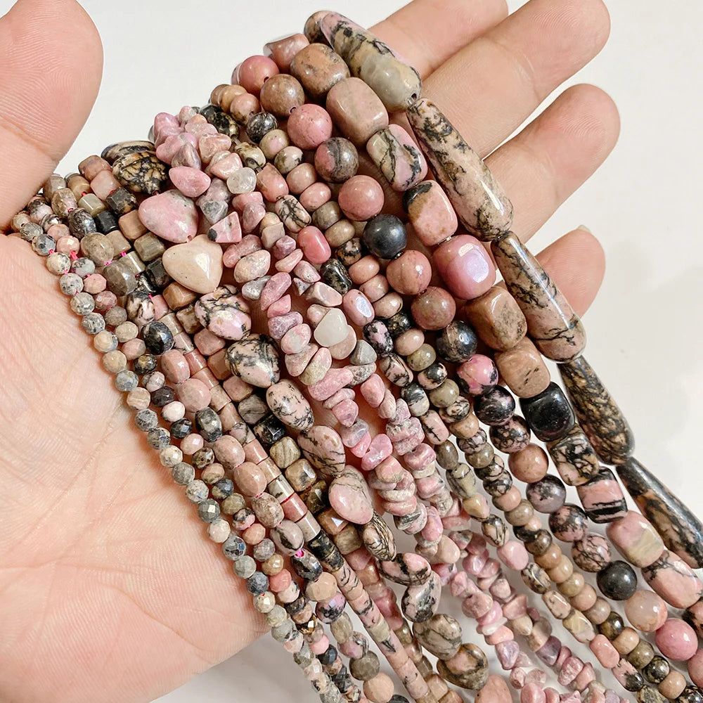 Wholesale Natural Pink Black Rhodonite Stone Beads Round Oval Rondelle Loose Spacer Gem Bead For Jewelry Making DIY Accessories