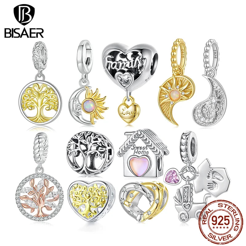 BISAER 925 Sterling Silver Tree of Life Charm Bead Yin Yang Sun Moon Locket Pendant for Women DIY Bracelet Neckalce Fine Jewelry