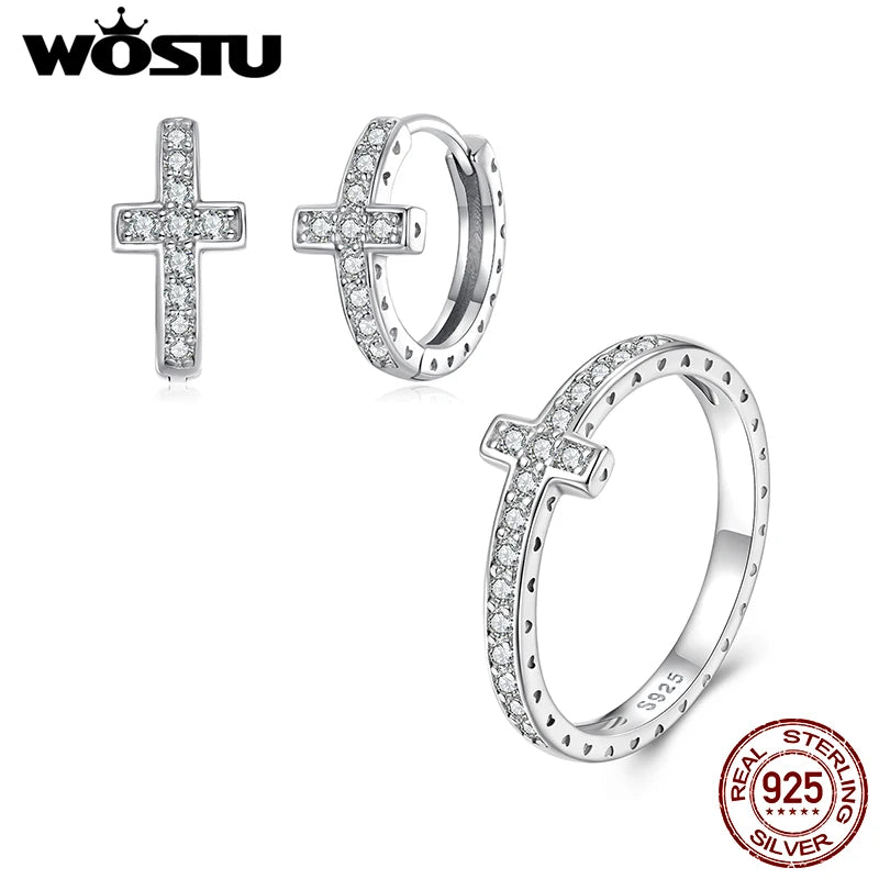 WOSTU Full Moissanite Cross Style Hoop Earrings Finger Ring For Women 925 Silver Punk Jewelry Huggies Earring Ring Family Gift