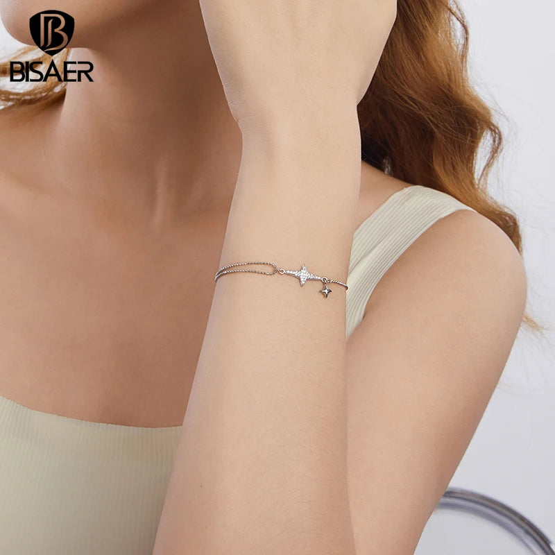 BISAER Bracelet en argent sterling 925 avec breloque réglable en forme d'étoile et zircone plaqué or blanc pour femme