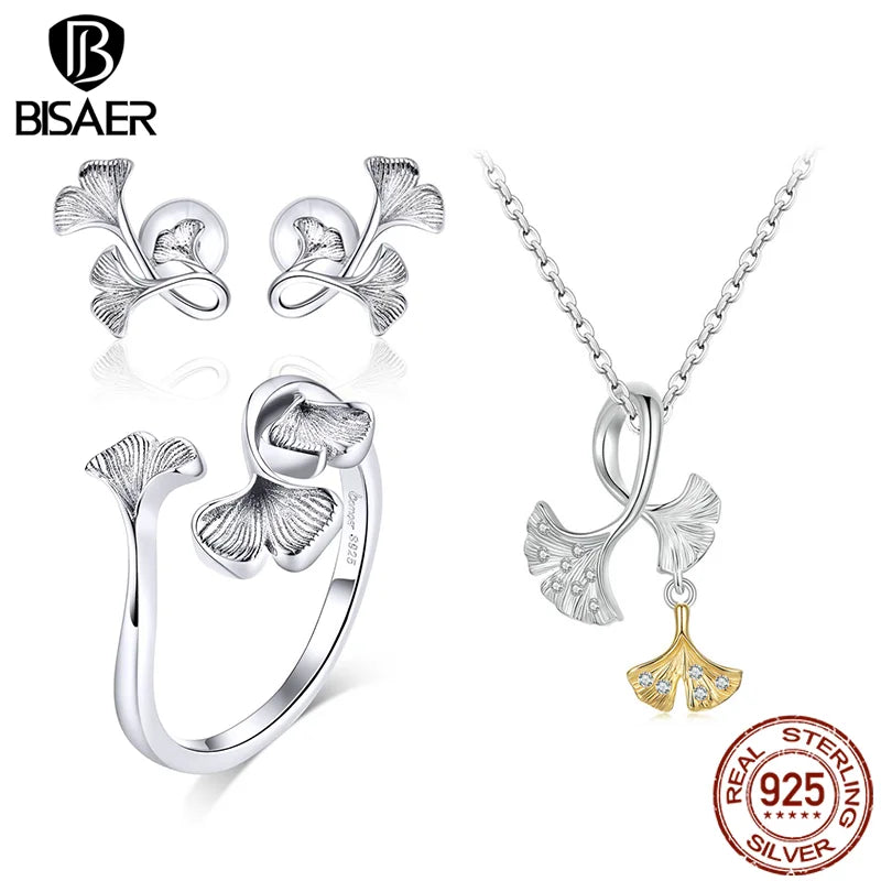 BISAER 925 Sterling Silber Ginkgo Blatt Ring Ohrstecker Halskette 14K vergoldet für elegante Frauen Party feines Schmuckset Geschenk