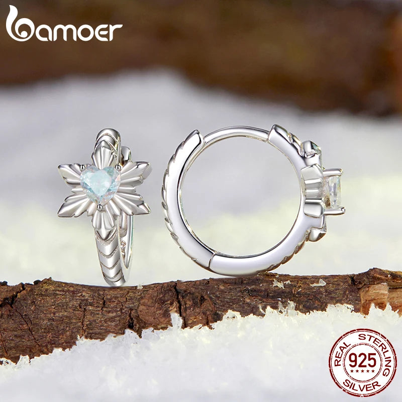 BAMOER Solid 925 Sterling Silver Ice Flower Huggie Earrings, Small Geometric Hoop Earrings for Women BSE1134