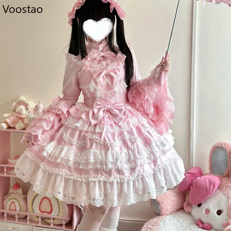 Victorian Sweet Lolita Jsk Dress Women Kawaii Cute Lace Ruffles Flower Victorian Sweet Lolita Jsk Dress Women Kawaii Cute Lace Ruffles Flower