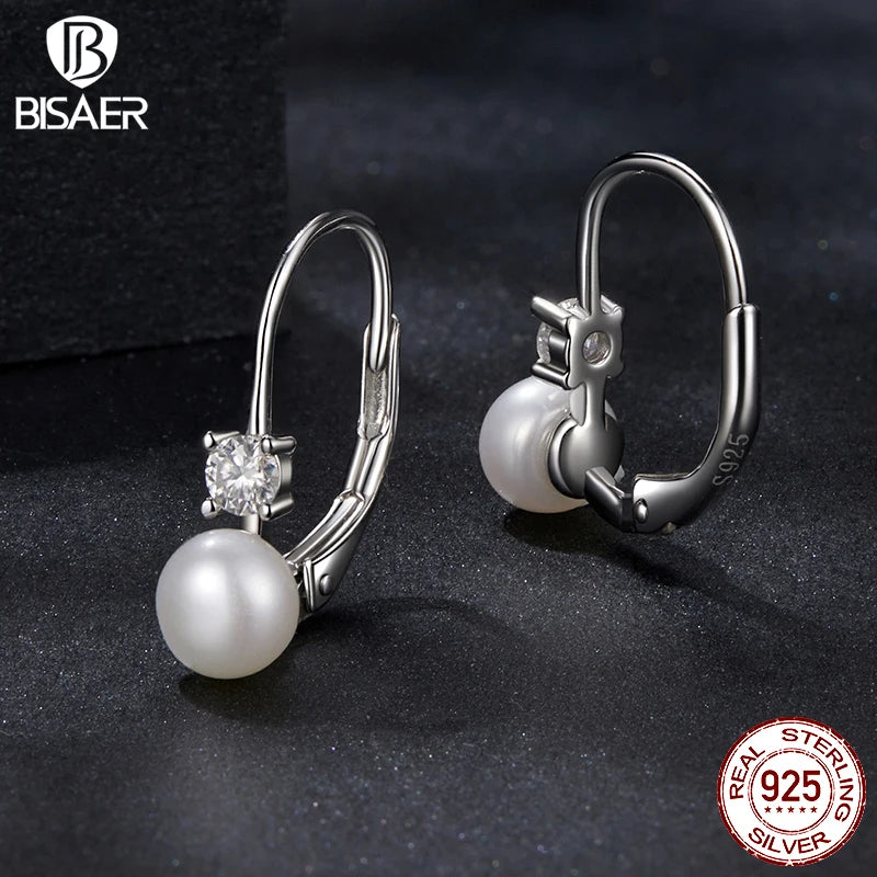 Boucles d'oreilles en perles d'eau douce en moissanite BISAER en argent sterling 925 pour femmes élégantes, diamants de laboratoire à coupe ronde, bijoux fins de mariage