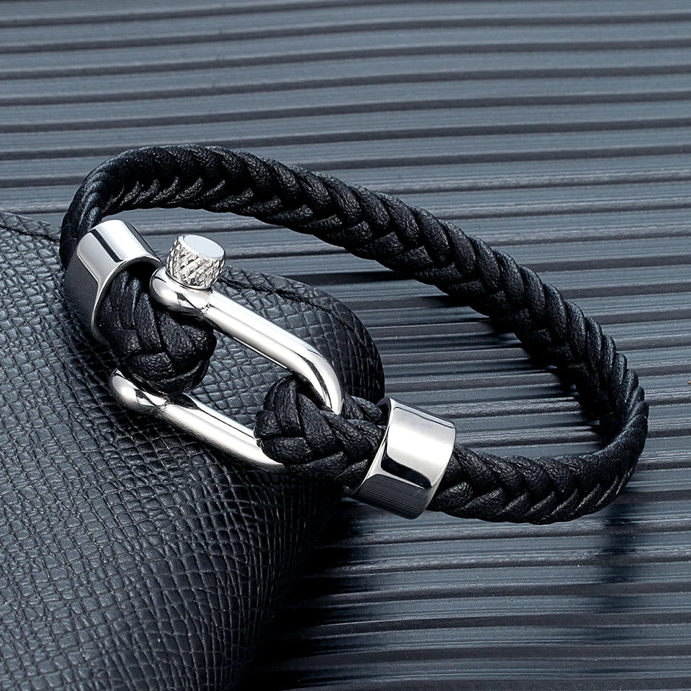 MKENDN Punk Men Braided Black Coffee Leather Bracelet Stainless Steel Shackle Buckle Bracelet Gifts Homme Pulsera