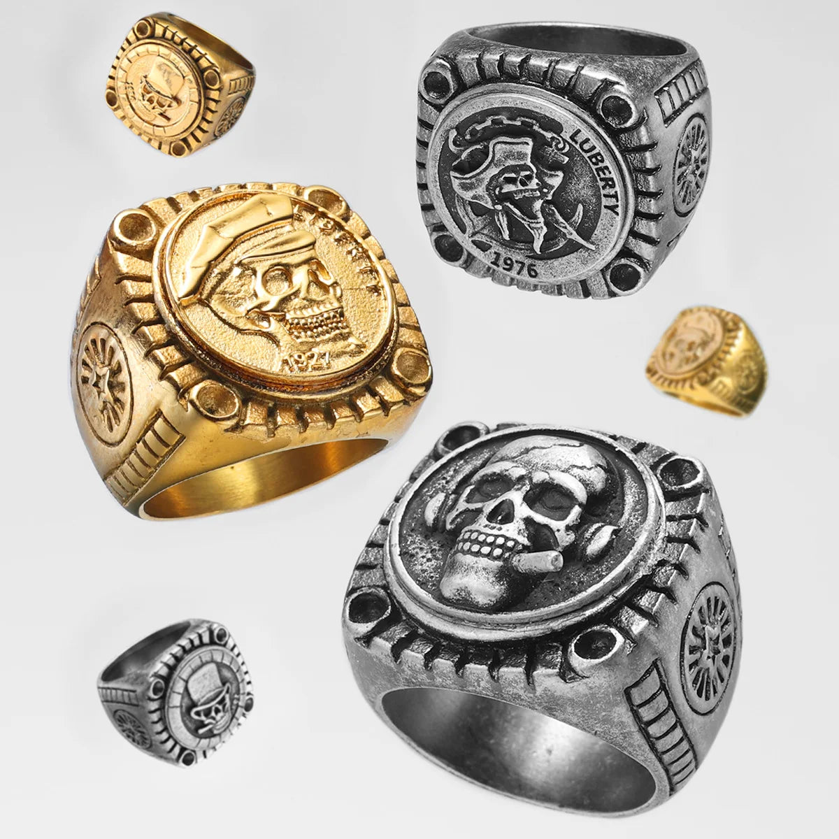 Skulls Badge Rings 316L Stainless Steel Men Ring Variety Retro Skeletons Punk Rock Punk for Rider Male Smoker Jewelry Best Gift