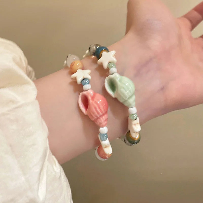 Handmade Ceramic Star Conch Bracelet For Women Girls Cute Cartoon Glass Acrylic Beaded Bangles Summer Beach Party Charm Jewelry