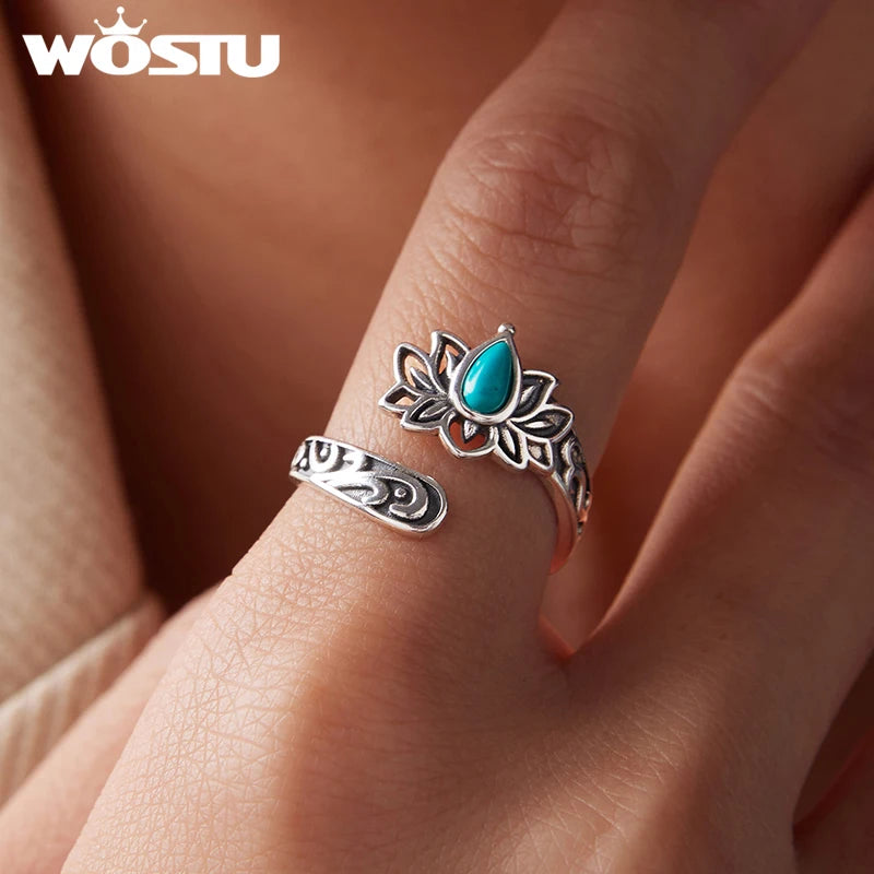 WOSTU Vintage 925 Sterling Silver Turquoise Lotus Open Ring For Women, Handmade Adjustable rings Boho Ethnic Statement Jewelry