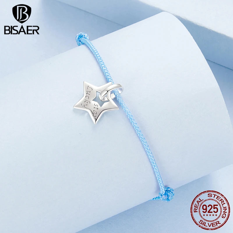 BISAER 925 Sterling Silver Bule Lucky Star Bracelet Simple Adjustable Bracelets for Women Charm DIY Fine Jewelry Holiday Gift