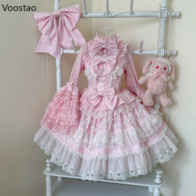 Victorian Sweet Lolita Jsk Dress Women Kawaii Cute Lace Ruffles Flower Wedding Bow Dress Japanese Vintage Elegant Princess Dress