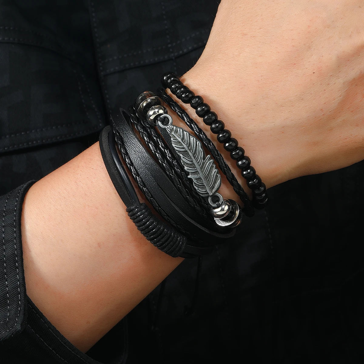 Vintage Leather Bracelet Men New Men's Leather Set Bracelet PU Leather Product Feather Wood Bead Pull Cord Bracelet Jewelry