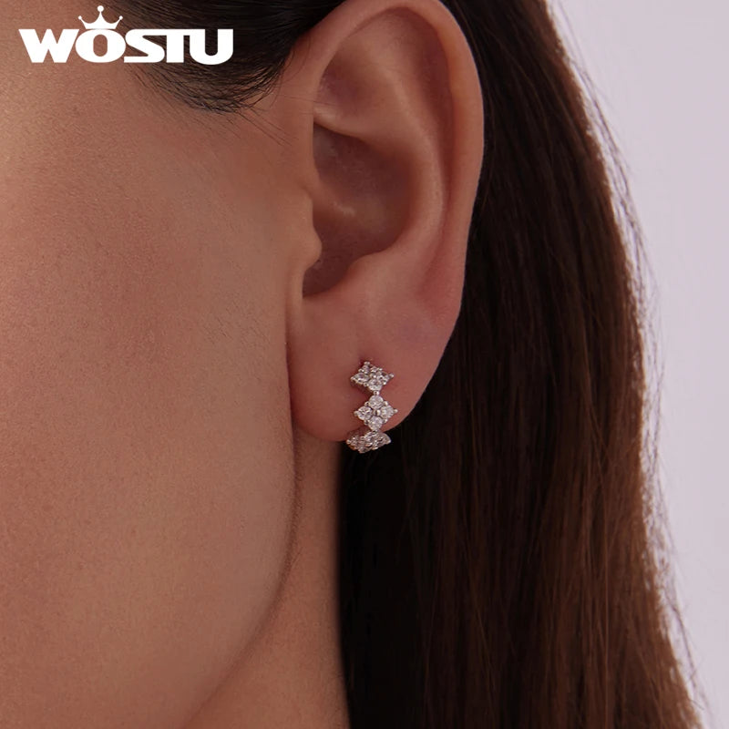 WOSTU Solid 925 Silver AAA CZ Four-Leaf Clover Huggies Earrings For Women, Full Zircon Wedding Engagement Hoop Earring Party G