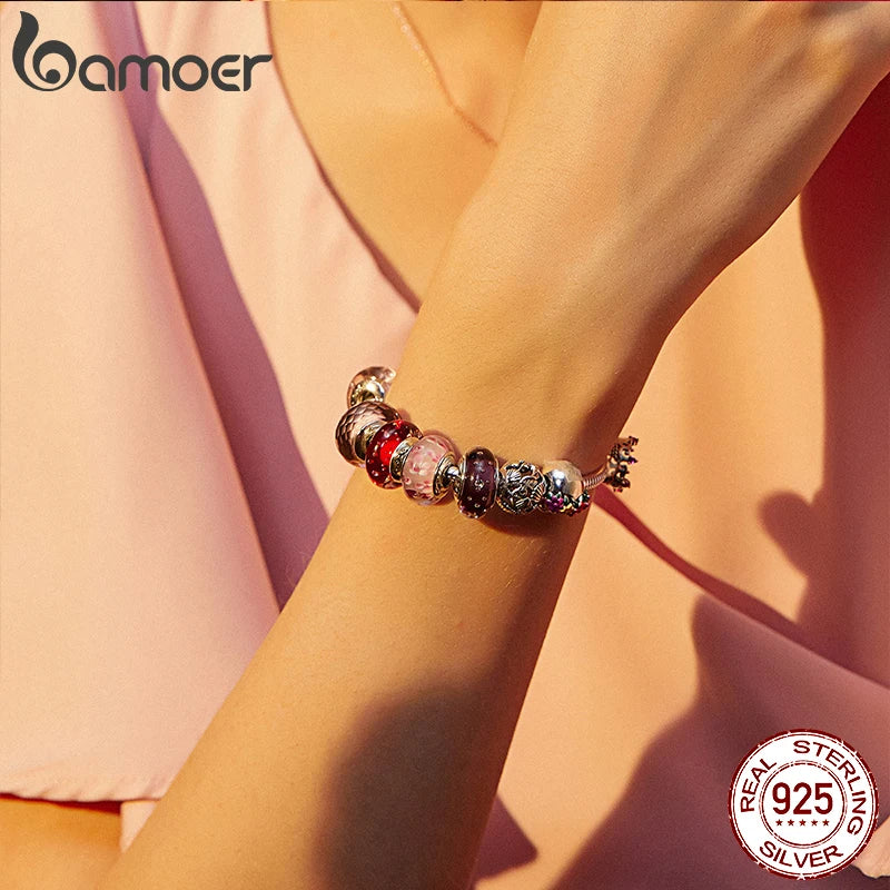 BAMOER 925 Sterling Silber Schöne rosa Blume Europäische Murano Glas Charm Perlen für DIY Charm Armbänder Weihnachtsgeschenke SCZ001
