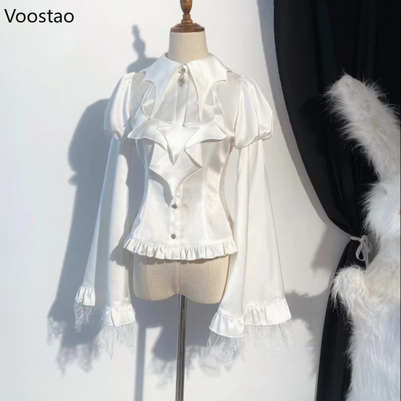 Victorian Vintage Lolita Style Shirt Women Casual Gothic Mesh Lantern Sleeve Slim Blouse Female Y2k Aesthetic Kawaii Tops Blusas