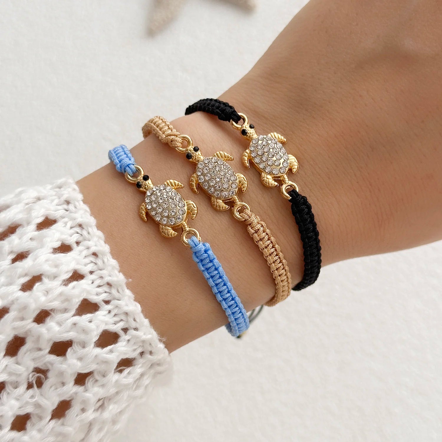 Boho Bohemian Sea Turtle Woven Bracelet For Women Full Rhinestone Tortoise Handmade Bangles Beach Party Banquet Charm Jewelry