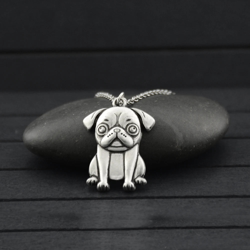 Cartoon Vintage Pug Pendant Necklace Adorable Dog Lover Jewelry Gift for Women Girls Stainless Steel Pet Memorial Charm Chain