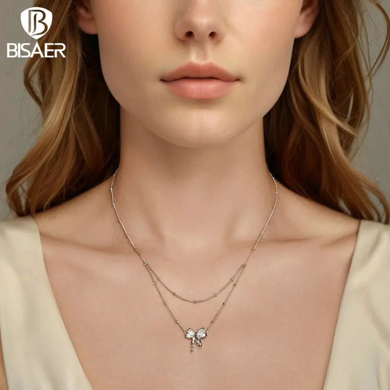 Collier avec pendentif en forme de nœud papillon éblouissant en argent sterling 925 BISAER, chaîne réglable plaquée or blanc pour femme, bijoux fins de mariage