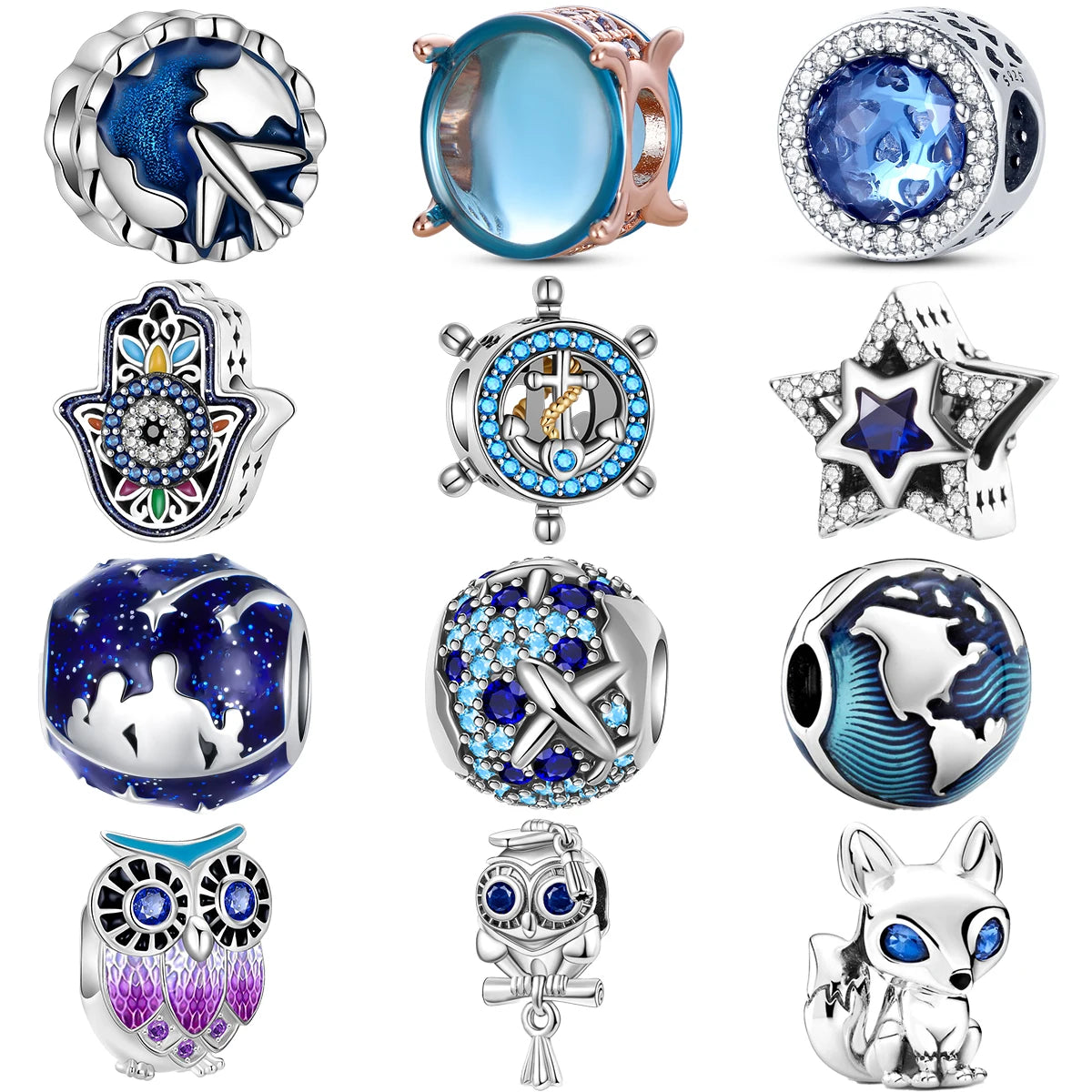 925 Sterling Silver Hand Owl Fox Aircraft Blue Beads charms Fit Pandora 925 Original bracelets Jewelry for Women