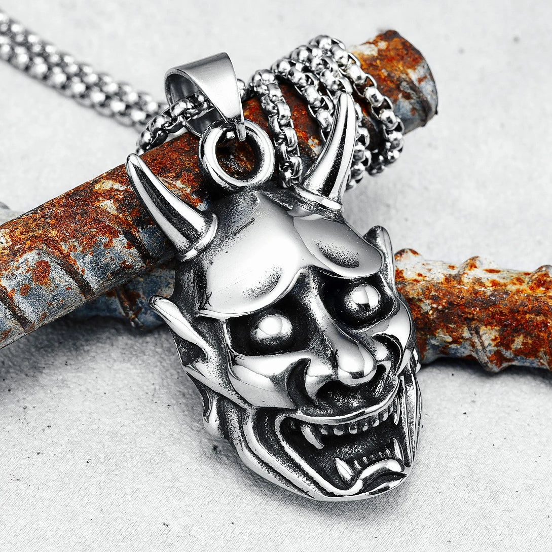 Prajna Mask Men Necklace Retro Japanese Ghost Head Warrior 316L Stainless Steel Pendant Chain Rock Punk for Biker Jewelry Gift