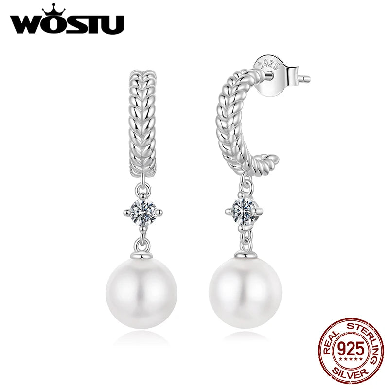 WOSTU 0.2CT Moissanite & Pearl Drop Stud Earrings For Women, Braided Dangle Earrings Wedding Engagement Party Jewelry Gift