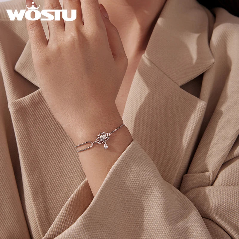 WOSTU Minimalist Lotus Flower Bracelet 925 Sterling Silver, Adjustable Chain with Cubic Zirconia Yoga Meditation Jewelry Gift