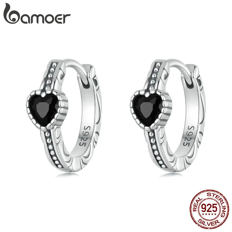 BAMOER Solid 925 Sterling Silver Nightfall Heart Hoop Earrings for Women Teens Heart Huggie Birthday Gift SCE1800