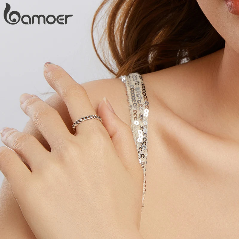 BAMOER Solid 925 Sterling Silver Cuban Link Band Ring for Women Men, Classic Minimalist Open Chain Link Cocktail Ring SCR1129