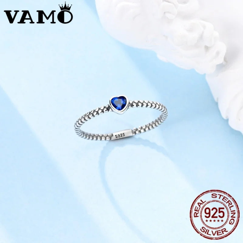 VAMO Original 925 Sterling Silver Woman Ring Vintage Dew Pearl Blue Heart Rings Sparkling Wedding Ring Girls Jewelry Anniversary - Madeinsea©
