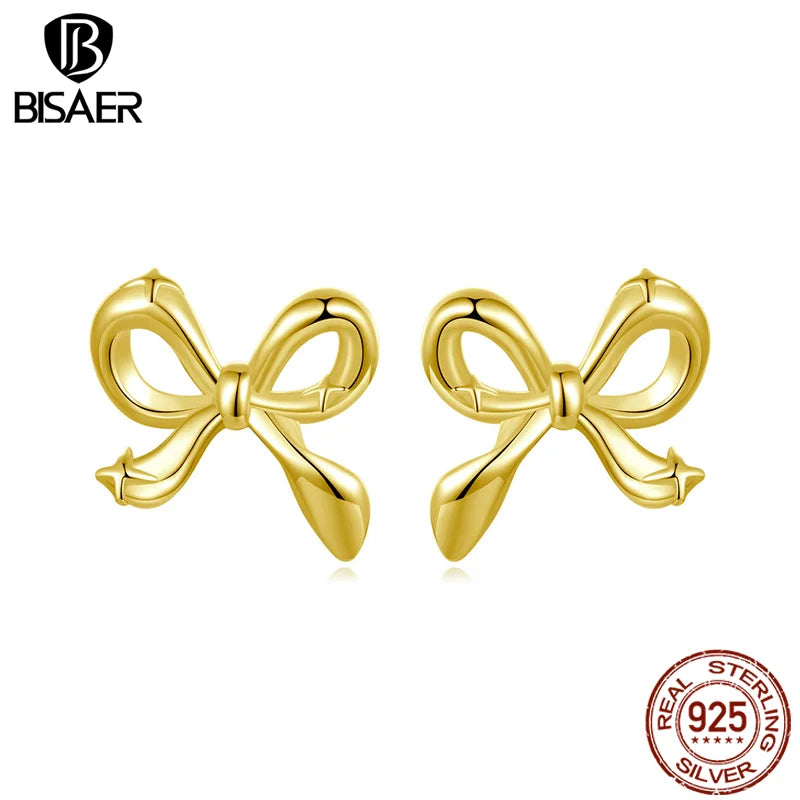BISAER Solid 925 Sterling Silver Bow Stud Earrings Bowknot Hypoallergenic Stud Ear Plated Gold for Romantic Women Fine Jewelry