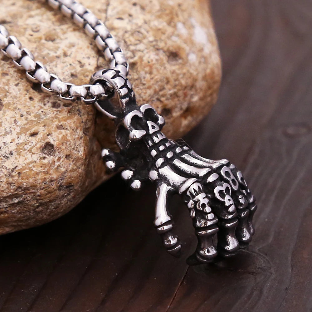 Vintage Gothic Stainless Steel Skull Ghost Claw Pendant Necklace