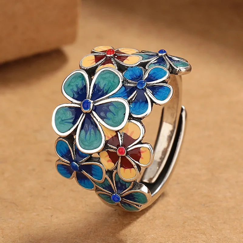 Retro Chinese Cloisonne Blossom Flower Ring For Women Punk Gothic Vintage Open Ring Handmade Designer Jewelry Unisex Accessories