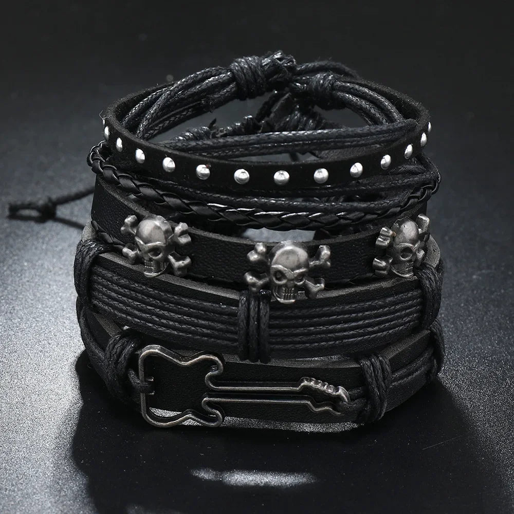 New Rock Roll Skull 4Pcs/ Set Leather Bracelet for Men Hand Braided Wrap Wristband Rope Mens Beads Bracelets Set Jewelry