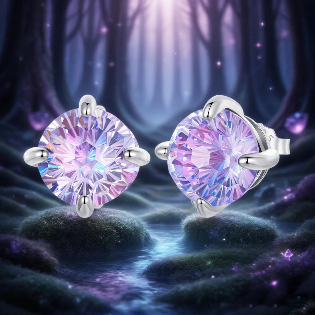 WOSTU 925 Silver Firework Zircon Stud Earrings For Women, Rainbow Purple Classical Round Ear Studs Wedding Gift Xmas Jewelry