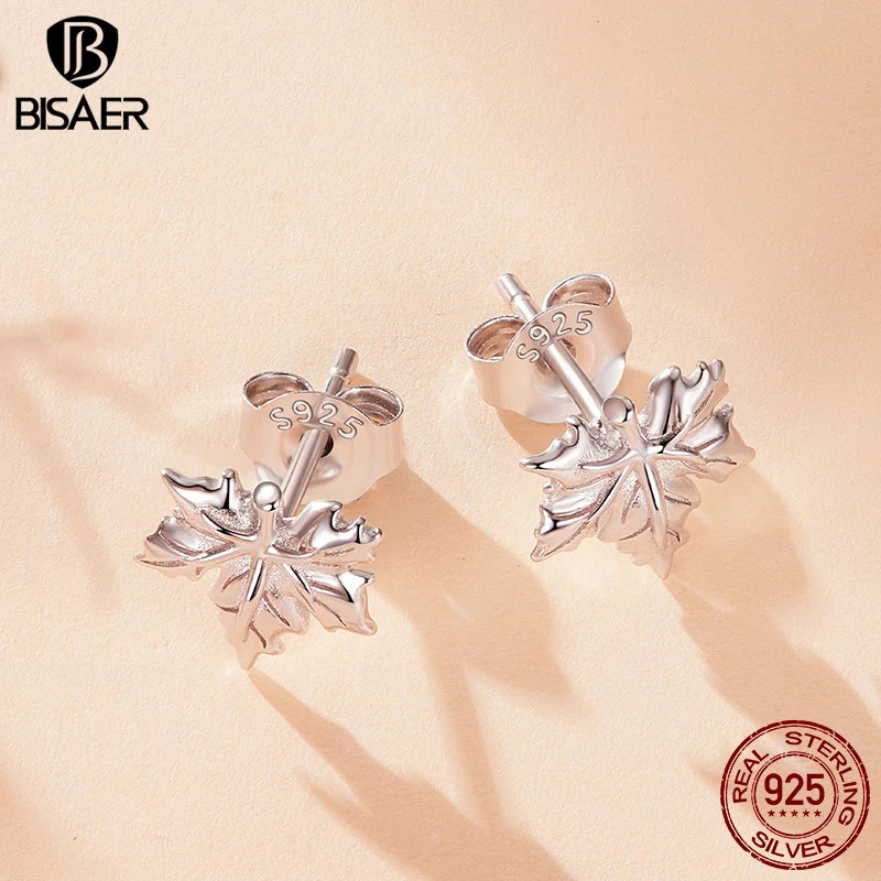 BISAER 925 Sterling Silver Maple Leaves Stud Earrings Maple Leaf Red Enamel Earrings for Girls Party Fine Jewelry Autumn Gifts